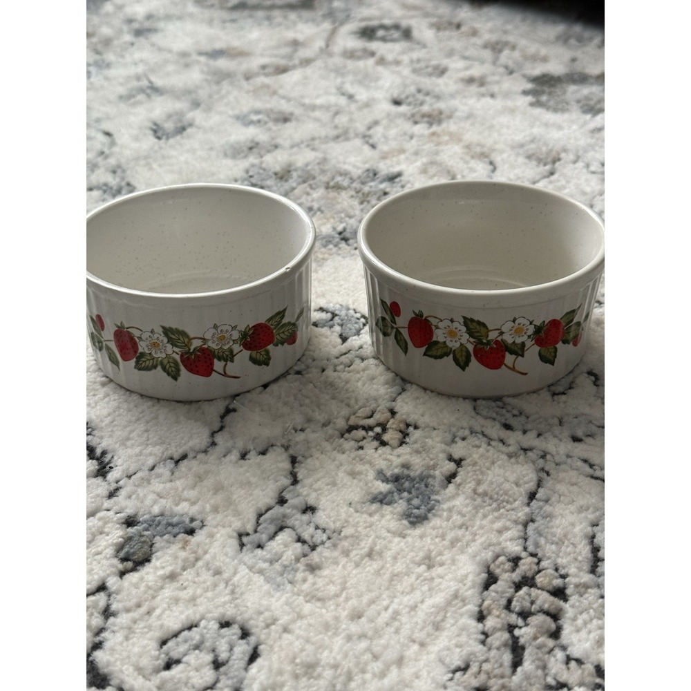 Vintage Sheffield Strawberries 'n Cream Stoneware Ramekin Set Of 2 -1 Small Chip